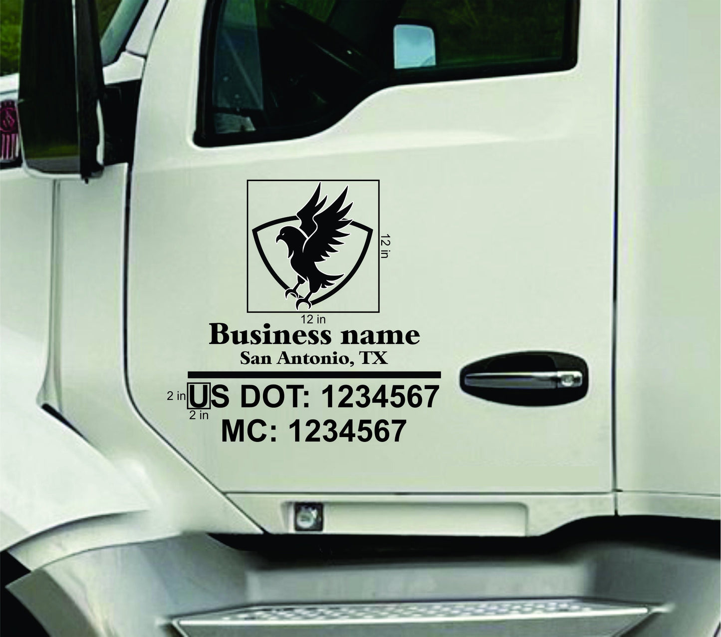 Truck Decal USDOT MC compliance decal Heavy Duty Outdoor Vinyl, Solid colors, Logo, Location, and Numbers included