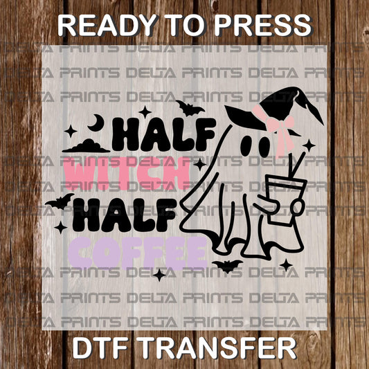 Half Witch Half Coffee Shirt Transfer. Full Color DTF Transfers, Ready to press, Iron on transfer. Ready to ship. Halloween transfer
