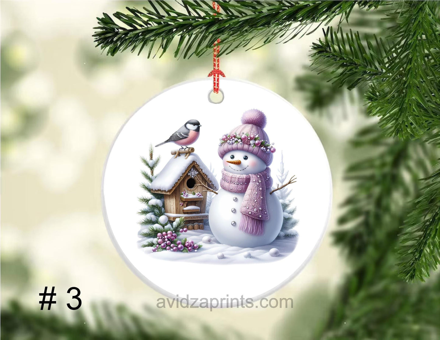 Christmas Ornament. Porcelain Pink Snowmen Ornament. Pink tones Christmas ceramic porcelain ornament