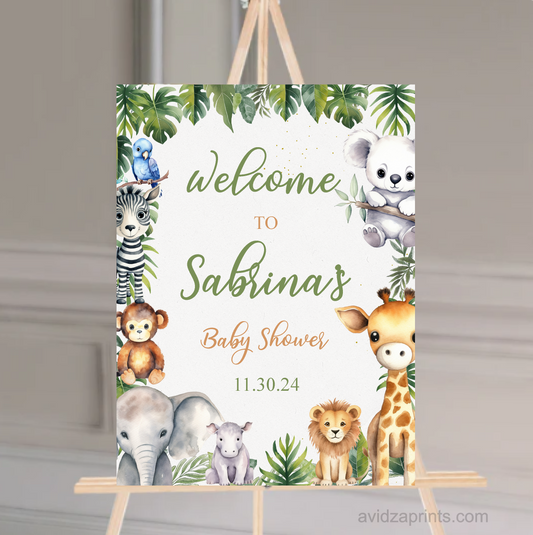 Baby Shower Safari Animals Welcome Sign.