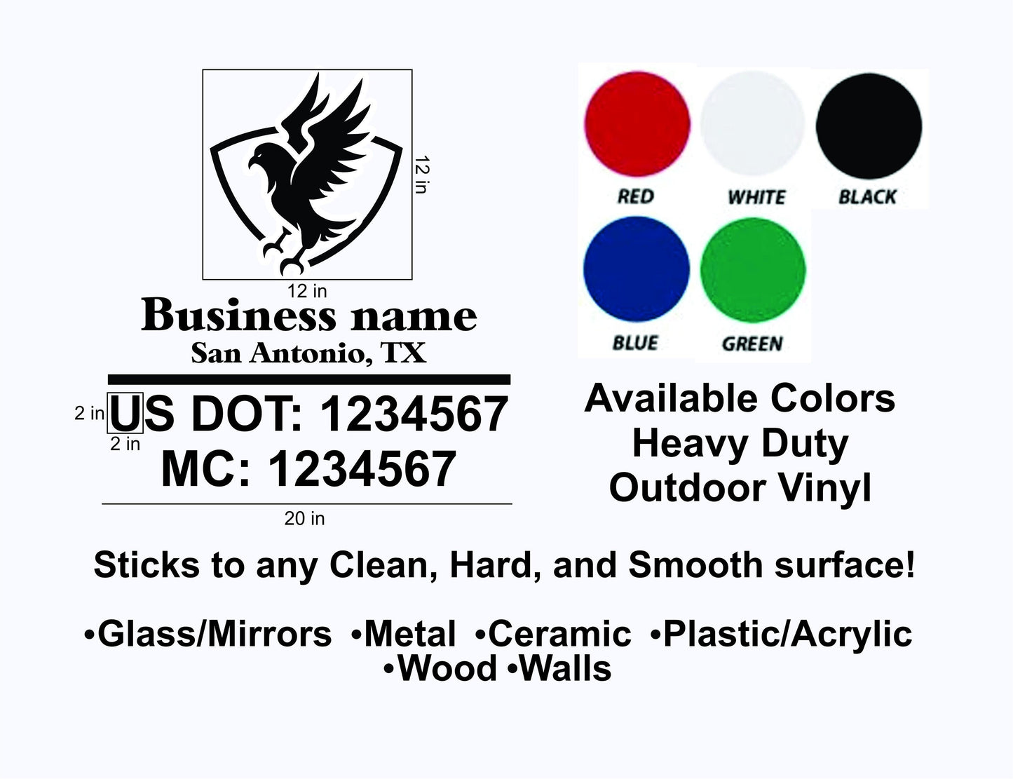 Truck Decal USDOT MC compliance decal Heavy Duty Outdoor Vinyl, Solid colors, Logo, Location, and Numbers included