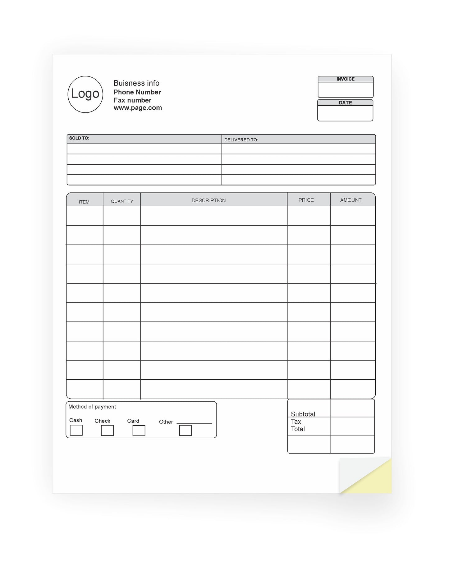 Custom Carbonless Form. Invoice for Business. Custom Invoice