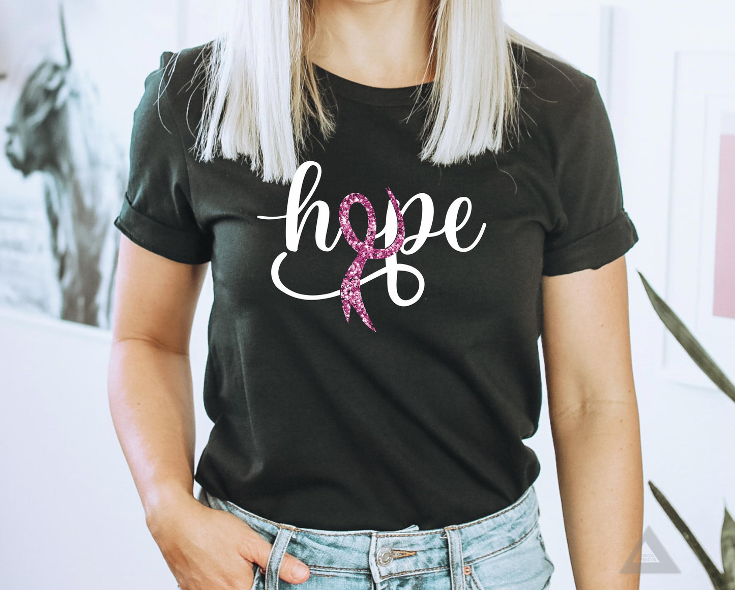 Hope pink glitter ribbon Breast Cancer Awareness  t-shirt.