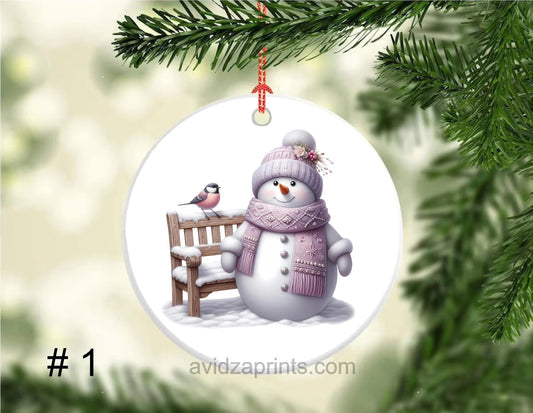 Christmas Ornament. Porcelain Pink Snowmen Ornament. Pink tones Christmas ceramic porcelain ornament